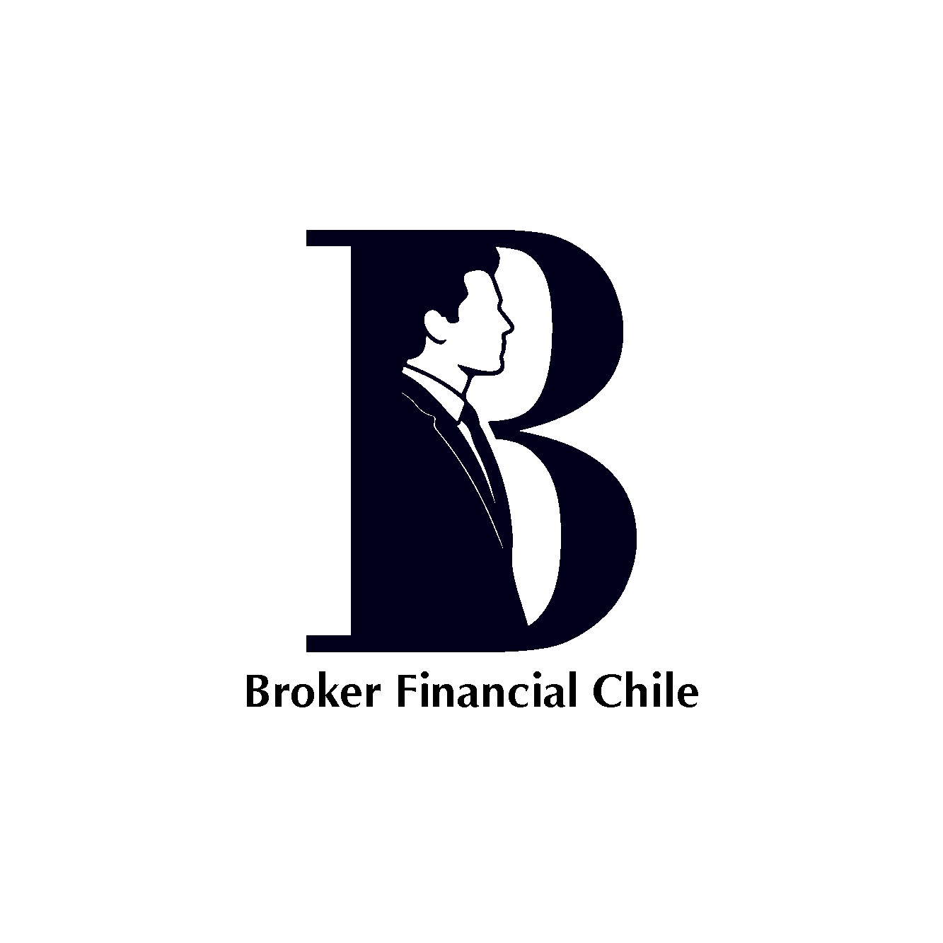 Logotipo azul oscuro con letra B estilizada y perfil de mujer, texto “Broker Financial Chile”.